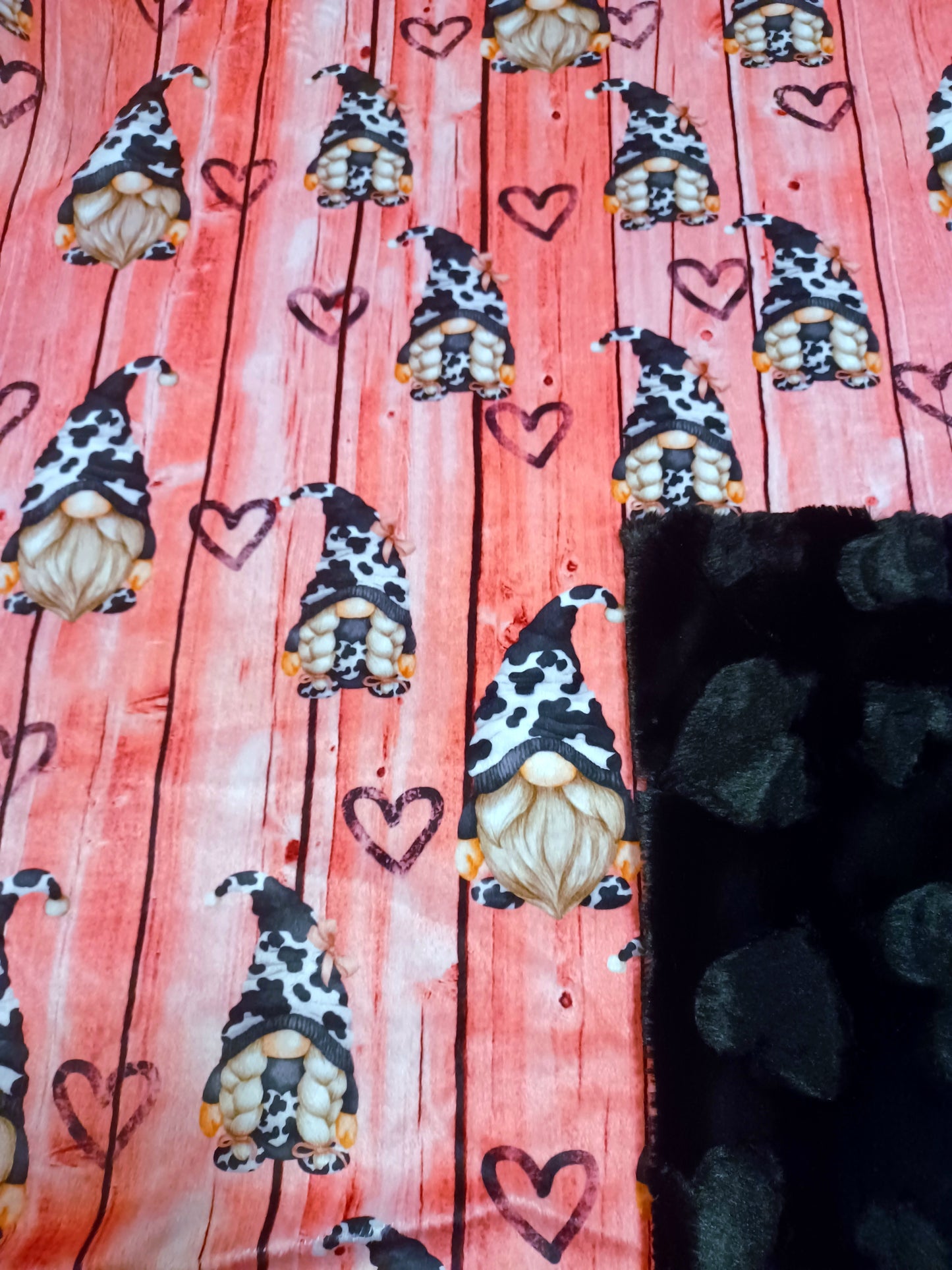 36x60 Valentine's cow gnomes on embossed black hearts luxe