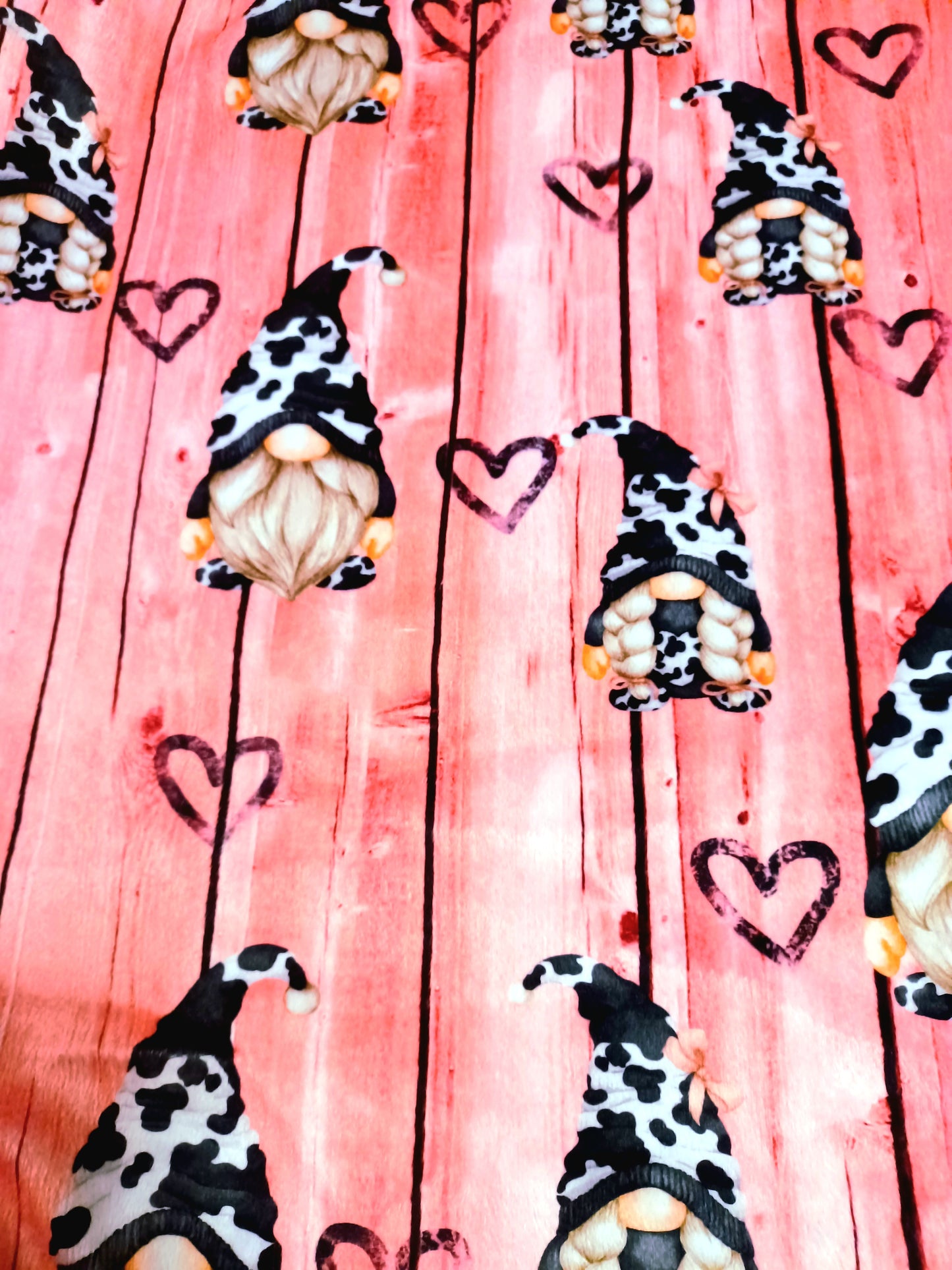 36x60 Valentine's cow gnomes on embossed black hearts luxe